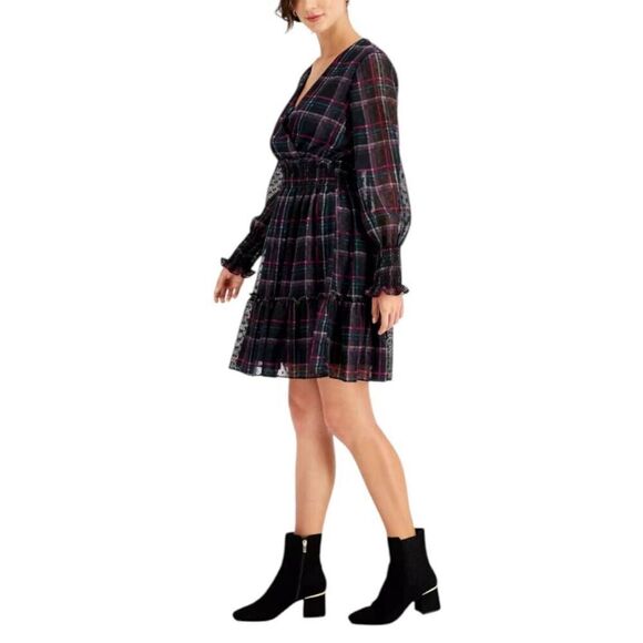 TAYLOR RUFFLE CUFF PLAID PURPLE & BLACK DRESS SZ.L EUC. - Picture 2 of 12